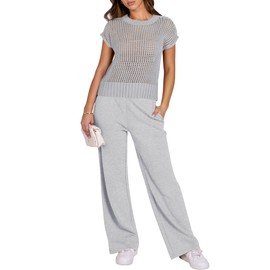 ANRABESS Women Two Piece Outfits Crochet Sheer Knit Sweater Top Wide Leg Pants Lounge Matching Sets Sweatsuit Travel Clothes Light Grey Medium