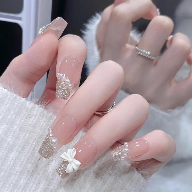 HAPVITAL 24-Piece Set, Nail Tips, Short, Butterfly Design, 3D Effect,
