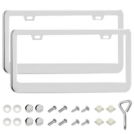MTRPS 2 PCS Car License Plate Frame, 2 Holes Rustproof Vehicle License Plate Holder with Screw Caps, Stainless Steel Front & Rear Car Tag Holder Cover Auto Exterior Decoration (Silver)