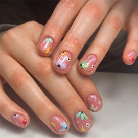 Short Square Press on Nails Nude Fake Nails Spring Glue on Nails Colorful Flower Stick on Nails Glossy Full Cover Acrylic False Nails Cute Artificial Nails Reusable Nails Kit for Women Girls 24Pcs