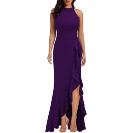 WOOSEA Women's High Neck Split Bodycon Mermaid Evening Cocktail Long Dress Purple