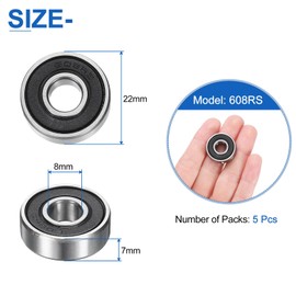 sourcing map 5pcs 608RS Deep Groove Ball Bearings 8 x 22 x 7mm High Carbon Steel Double Sealed Bearings for Electric Motor, Home Appliances, Garden Machinery, Silver Tone