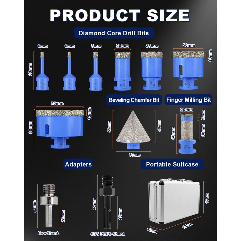 Diamond Tile Hole Saw Kit - 11Pcs 1/4'' X 2,