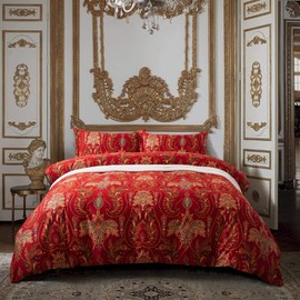 Italian Bohemian Paisley Duvet Cover 3pc Set Boho Bedding Boteh Damask Medallion 400TC Egyptian Cotton Sateen Luxury European Traditional Style Bed Linen (Red Teal, King)