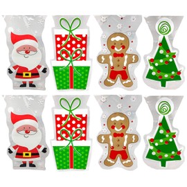 Set of (160) Christmas Cello/Cellophane/Loot Treat Bag w/Ties – 4 Holiday Designs! (160 Bags)