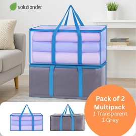 Pack of 2 Grey&Clear Heavy Duty Extra Large Moving Bags with Zipper Handles, Reusable Foldable Storage Bags for Clothes, Laundry, Camping Gear, Toy & Blanket Storage, Waterproof Space Saving Organiser
