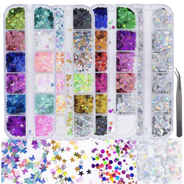 AddFavor 4 Boxes Holographic Nail Sequins Shapes Mixed Iridescent Nail