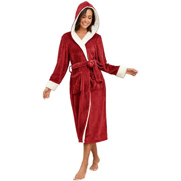 RONGTAI Womens Plush Fleece Hooded Bathrobe, Thick Nightgown Long Robe