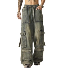 Bakyarder Men's Vintage Washed Cargo Jeans, High Waist, Baggy Wide Leg, Unisex Streetwear with Multiple Pockets Blue XX-Large
