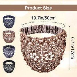 PEOVLVN 4 Pcs Boho Headbands for Women, Wide Lace Headband Elastic Boho Pearl Headband Vintage Hair Accessories for Daily Wear and Various Holidays Hair Styling (Black, Gray, Navy, Brown)