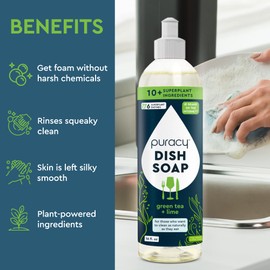 Puracy Puracy Natural Dish Soap - Skin-Softening Plant-Based Dishwashing Soap, Non-Toxic Dish Soap, Organic Liquid Dishwashing Detergent Soap (Green Tea & Lime, 16 fl oz, 3 Pack)