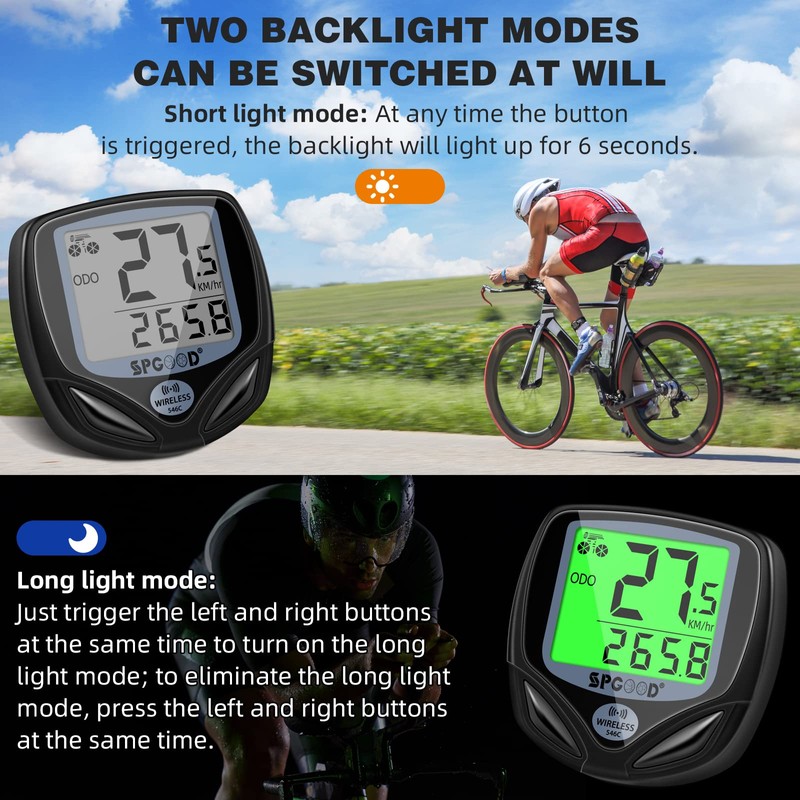 SPGOOD Wireless Bicycle Computer, 19 Functions, IP54 Waterproof, Black