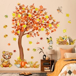 Autumn Maple Tree Wall Decals Fall Thanksgiving Wall Stickers, Peel and Stick Tree Wall Decal Gold Stamping Pumpkin Woodland Animals Walls Decor for Classroom Party Supplies