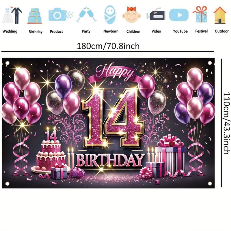 Starlit Patio Happy 14th Birthday Decorations Backdrop Banner for Girls