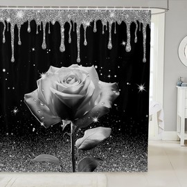 Manfei 3D Grey Rose Shower Curtains Silver Glitter Sparkling Bathroom Curtains for Kids Boys Girls Room Decor, Grey Flower Waterproof Bath Curtains with 12 Hooks Suits for Bathtub, 72" W x 72" L