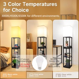 Assemer Shelf Floor Lamps for Living Room,Tall Standing Lamp with Shelves and Drawer,2 USB Charging Ports & 2 Power Outlet,Bright 3CCT LED Bulb Included - Black