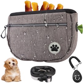 SATFOIV Crossover Design Dog Treat Pouch with Dog Clicker, Treat Pouches for Pet Dog Training,Self-Closing Dog Treat Bag for Dog Walks, Built-in Poop Bag Dispenser, Waist Belt Clip (Grey)