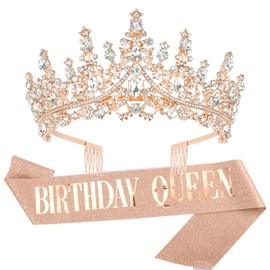 Vovii Birthday Decorations for Women Birthday Tiara and Sash for Women Birthday Queen Sash and Birthday Crystal Rhinestone Crown for Girl Accesorios Happy Birthday Decorations for women (Rose Gold)