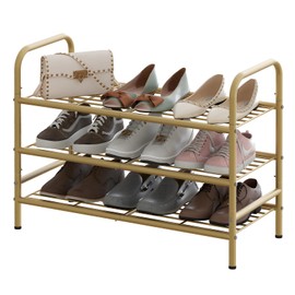 Huhote Metal Shoe Rack 3 Tiers Gold Iron Mesh Freestanding Shoe Organizer Storage Shelf, Storage Rack Space Saving Shoe Stand Shoe Shelf Garage Shelving for Entryway, Hallway, Living Room,Closet