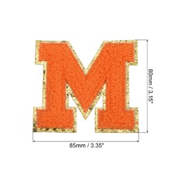 MECCANIXITY 3Pcs Chenille Letters Patches Large Size 3.15"x3.35" Iron-on Letters M Golden Glitter Embroidered Patches for Clothing, Shoes, Hats, Backpacks (Orange)