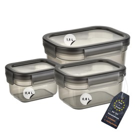 Engelland - Set of 3 Storage Jars with Lids, Airtight, Leak-Proof, Stackable, Storage Jars, BPA-Free, Plastic, Various Sizes, 0.4 L/0.8 L/1.5 L, Transparent-Grey