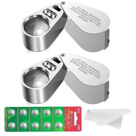 2 PC 40X Illuminated Jewelers Loupe Magnifier - Full Metal Portable Folding Magnifying Glass with LED Light & 10 Batteries for Coins, Diamonds, Gems, Stamps, Currency Detection, Jewelry Appraisal (2)
