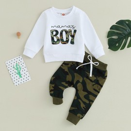 YILEEGOO Toddler Baby Boy Fall Outfit Mama's Boy Sweatshirt Top Elastic Waist Pants Set Cute 2pcs Baby Clothes Set (A2 White1, 0-6 Months)