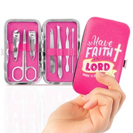 7-Piece Grooming Kit for Women — Have Faith in The Lord, Mark 11:22-23 — Compact, Stylish, and Gift-Ready Manicure and Pedicure Kit for Women — Nail Clipper Set w/Case (Dark Pink)