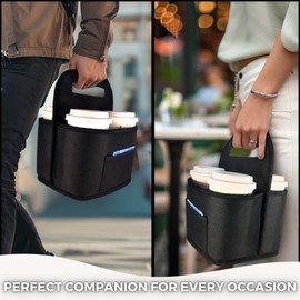 Brandzini Insulated Reusable 4-Cup Drink Carrier with Adjustable dividers, Money Pocket, Straw Slot and Handle. Ideal for delivery, Takeout, Travel, and Outdoor use