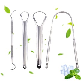 Metal Tongue Scraper +Dental Floss Picker- Pack of 4,Professional Tongue Cleaners Set for Oral Cleaning, Reduce Bad Breath and Mouth Cleaning, Portable Medical Grade Stainless Steel Tongue Scrapers