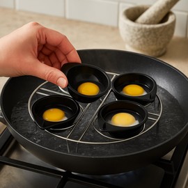 4x Large Egg Poacher Cups & Stainless Steel Rack, Durable Plastic, Reusable Non-Stick Design for Perfect Poached Eggs, Easy to Use and Clean, Ideal for Home Cooking