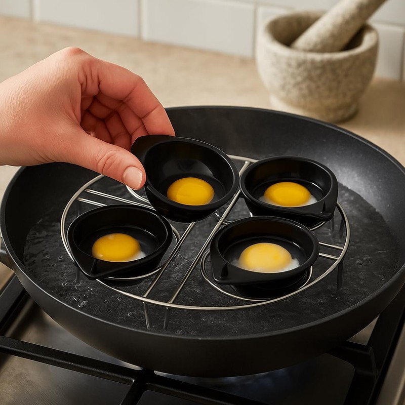 4x Large Egg Poacher Cups & Stainless Steel Rack, Durable