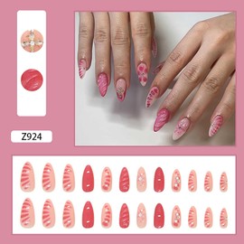 Rilafuvu Almond Press on Nails Short Fake Nails,Glue on Nails 3D Wave and Floral Acrylic Nails,Flower Nails Press ons Pink Stick on Nails Rhinestones False Nails for Women and Girls 24Pcs