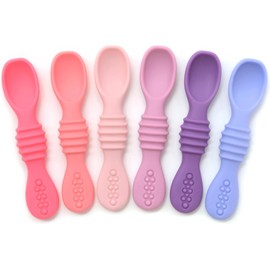 PrimaStella Juego de cucharas masticables de silicona arcoíris para bebés y niños pequeños, probado con seguridad, sin BPA, apto para microondas, lavavajillas y congelador, tonos rosados