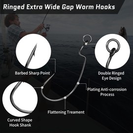FishTrip 25pcs Ringed EWG Hooks, Bass Fishing Hooks Offset Worm Hook Texas Rig Hooks Live Bait Fishing Hooks for Freshwater Saltwater Size 2/0