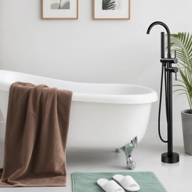 FDKW Free Standing Bathtub Faucet, Matte Black Floor Mount Tub Filler, Freestanding Tub Faucets with Gooseneck Spout and Handheld Shower