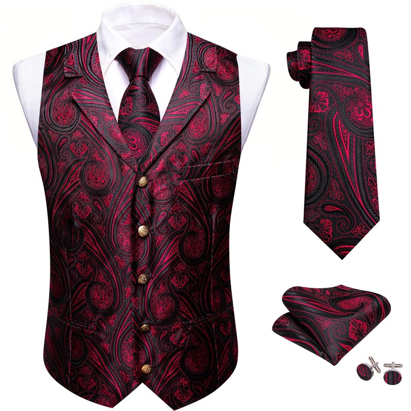Barry.Wang Red Black Mens Silk Lapel Collar Vest Tie Sleeve