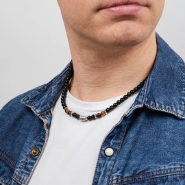 TreasureBay Handmade Mens Tigers Eye Onyx Beaded Necklace Chain Natural Gemstones Healing Crystal Jewellery (Black Onyx/Tiger's Eye)