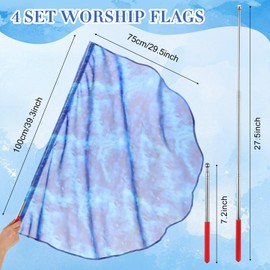 HunnmingRe 4 Set Worship Flags for Dance 29.5 x 39.3 Inch Praise Church Flags with 4 Pcs Scalable Rod for Girls Adults Practice Performance, Semicircle Angel Wing Design(Tie Dye Blue)