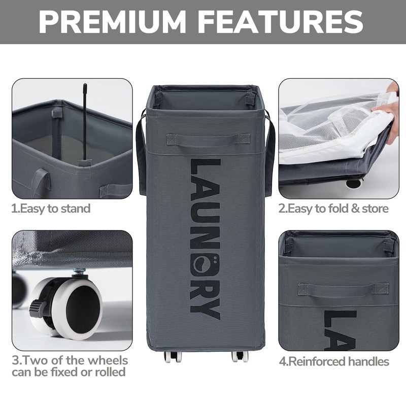 Goodpick Laundry Basket with Wheels, Laundry Hamper with Removable Wash
