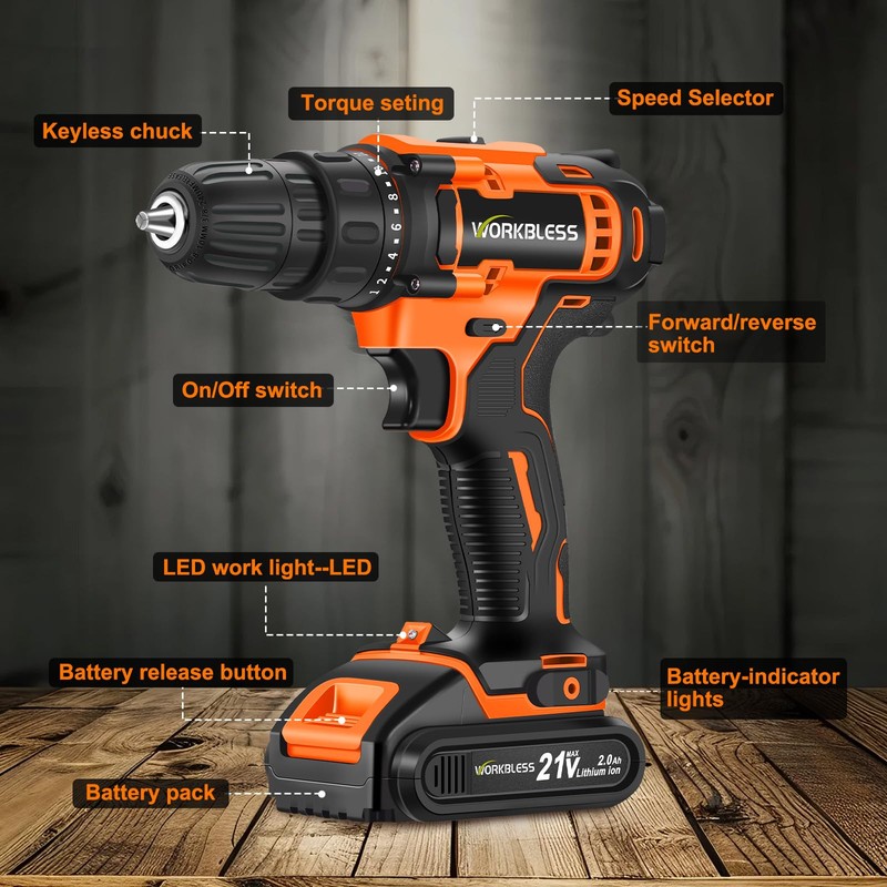 WorkBless WORKBLESS 21V Power Drill Set, Cordless Drill with Batteries