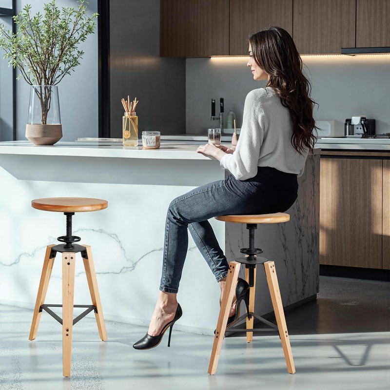LOKKHAN Adjustable Height Swivel Bar Stool - Industrial Rustic Style,