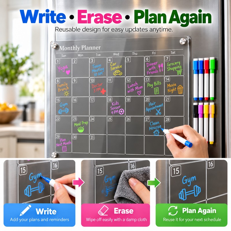 Clear Acrylic Monthly Planner for Refrigerator – Reusable Dry Erase