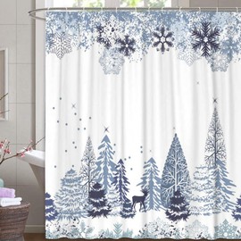 M&W DAS DESIGN Christmas Shower Curtain Star Flaps Snow Textile Curtain White Tree Reindeer Mould Resistant Christmas Decoration Colourfast Including 12 C-Rings Weight Bottom 180 x 200 cm (W x H)