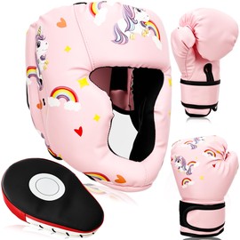 Spaluck Boxing Headgear and Gloves Set for Kids 3 in 1 Including Adjustable Headgear and Boxing Gloves and Punching Mitts for Kids Kickboxing Thai Training