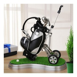 Golf Pen, 3 Pen Holder, Golf Prizes, Golf Favors, Golf Gifts, Table Stand, Mini PU with Golf Bag (Black+Silver with Grass))
