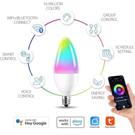 Sanofuturion Candelabra Smart Light Bulbs 60W Equivalent, 450LM 5W E14 LED Bulb Compatible with Alexa/Google Home, RGBCW 16 Million Color Changing Light Candle Bulb, No Hub Required, 2.4G WiFi (1Pack)