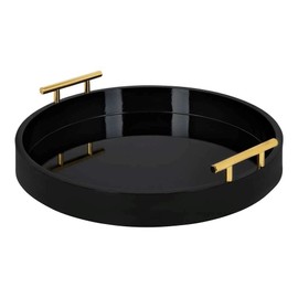 Black Gorgeous Round Ottoman Tray for Living Room 15.5" Diameter Size, Wood Material, Silver Metal Handles, Modern & Contemporary Style, Glossy Finish | Pretty Coal Shade, Sturdy and Highly Durable