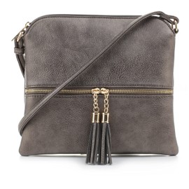 SG SUGU Lightweight Medium Crossbody Bag with Tassel and Zipper Pocket (Pewter)