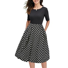 oxiuly Women's Vintage Patchwork Pockets Puffy Swing Casual Party Work Dress OX165 (Black, L)